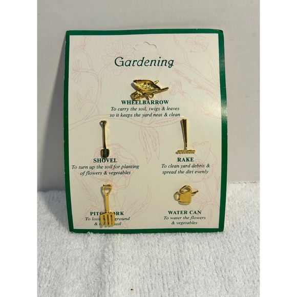 Jewelry - Gold Tone Gardening Tool Lapel Pin Set 5pc Wheelbarrow Shovel Rake Watering Can